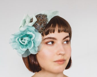 Green Sinamay Half Hat with Feathers and Rose, Green Race Day Hat, Green Wedding Hat, Green Ascot Hat, Green Cocktail Hat