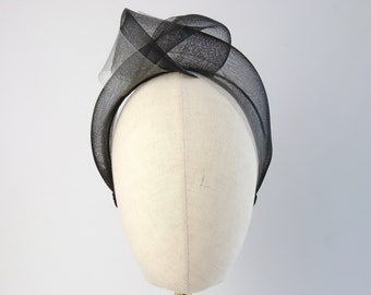 Black Grey Double Knot Headband, Black Mesh Fascinator Headband, Black Statement Headband, Black Bandeau Headband, Black Wedding Fascinator