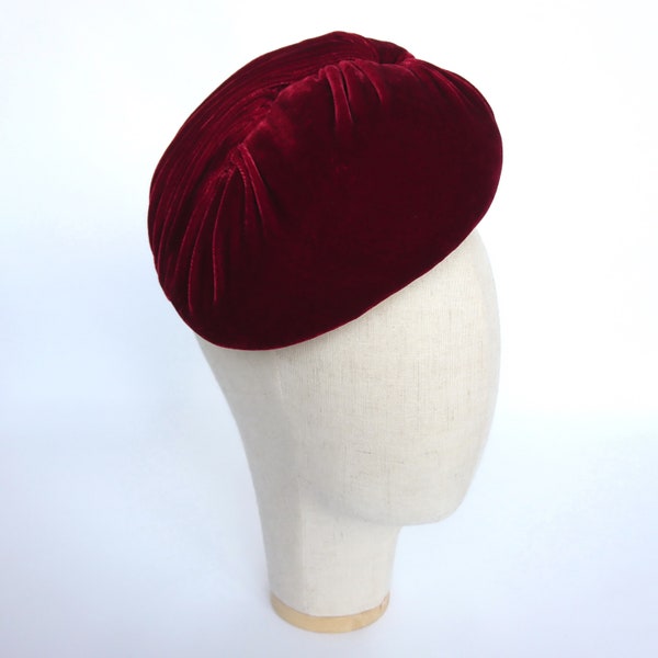 Burgundy Silk Velvet Hat with Pleating, Red Cocktail Hat, Red Wedding Hat, Red Race Day Hat, Red Occasion Hat, Cheltenham Races Hat