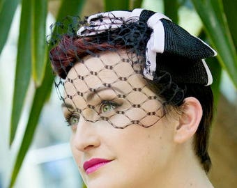 Black Birdcage Veil with Straw Bow, Black and Lilac Straw Bow with Birdcage Veil, Black Waffle Veiling Birdcage Veil, Short Birdcage Veil