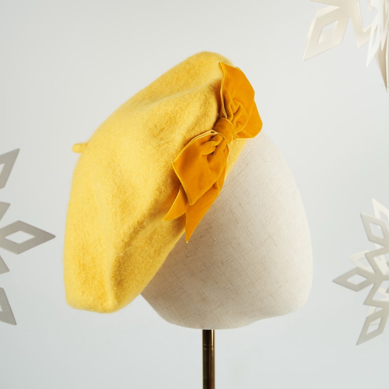 Mustard Wool Felt Beret Hat With a Mustard Velvet Ribbon Bow Etsy