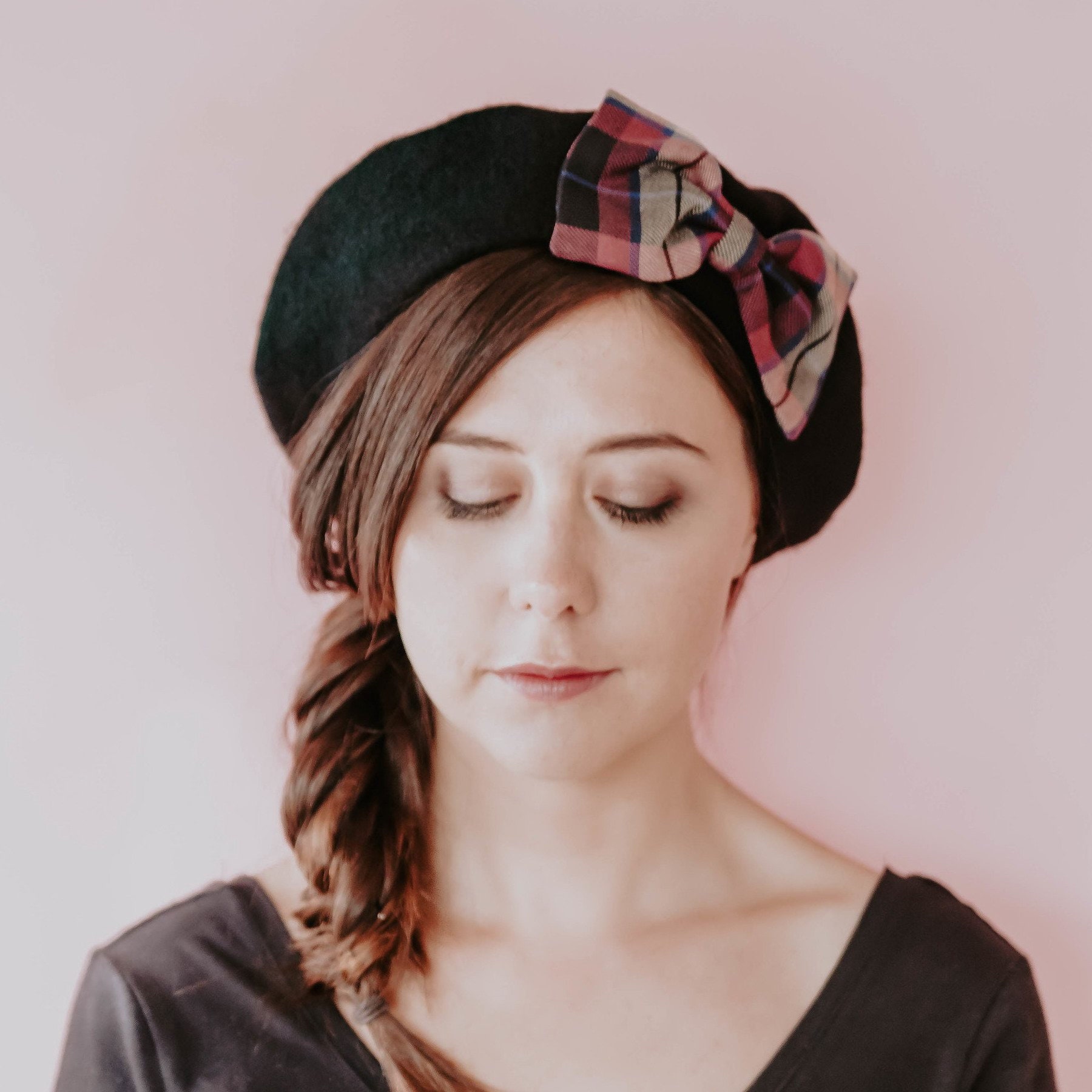 Black Beret Hat With Wine Red Tan Tartan Bow, French Plaid Wool Felt Winter