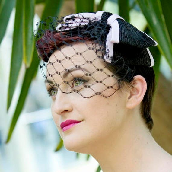 Black Birdcage Veil With Straw Bow, & Lilac Bow Veil, Waffle Veiling Short