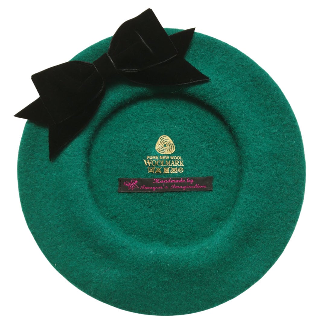 Emerald Green Wool Felt Beret Hat With Green Velvet Ribbon Bow