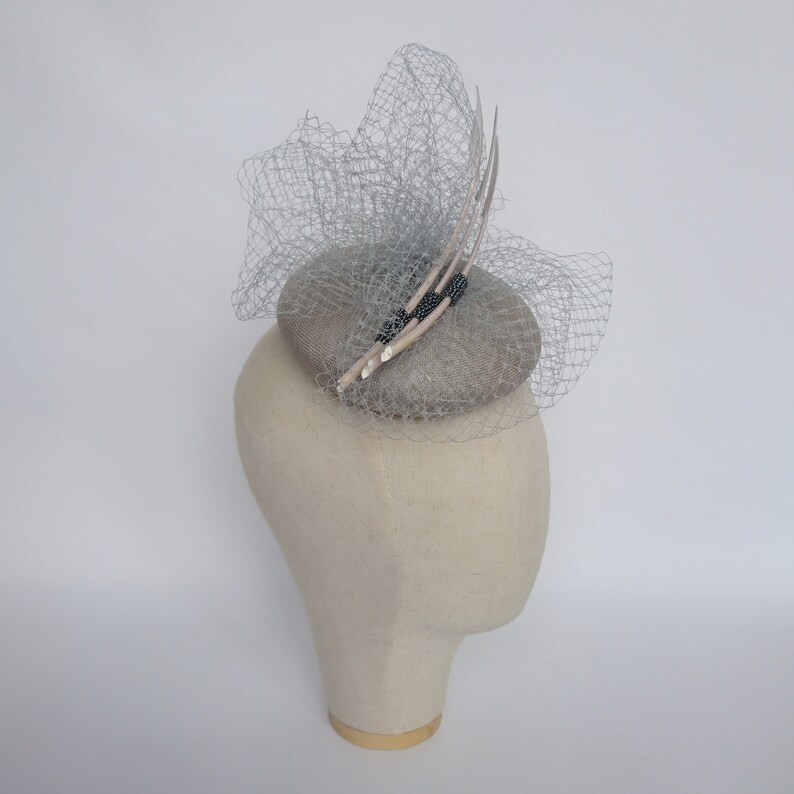 Grey Straw Pill Box Hat with Veiling and Feathers, Grey Cocktail Hat, Grey Race Day Hat, Grey Occasion Hat, Grey Ascot Hat, Grey Wedding Hat image 7