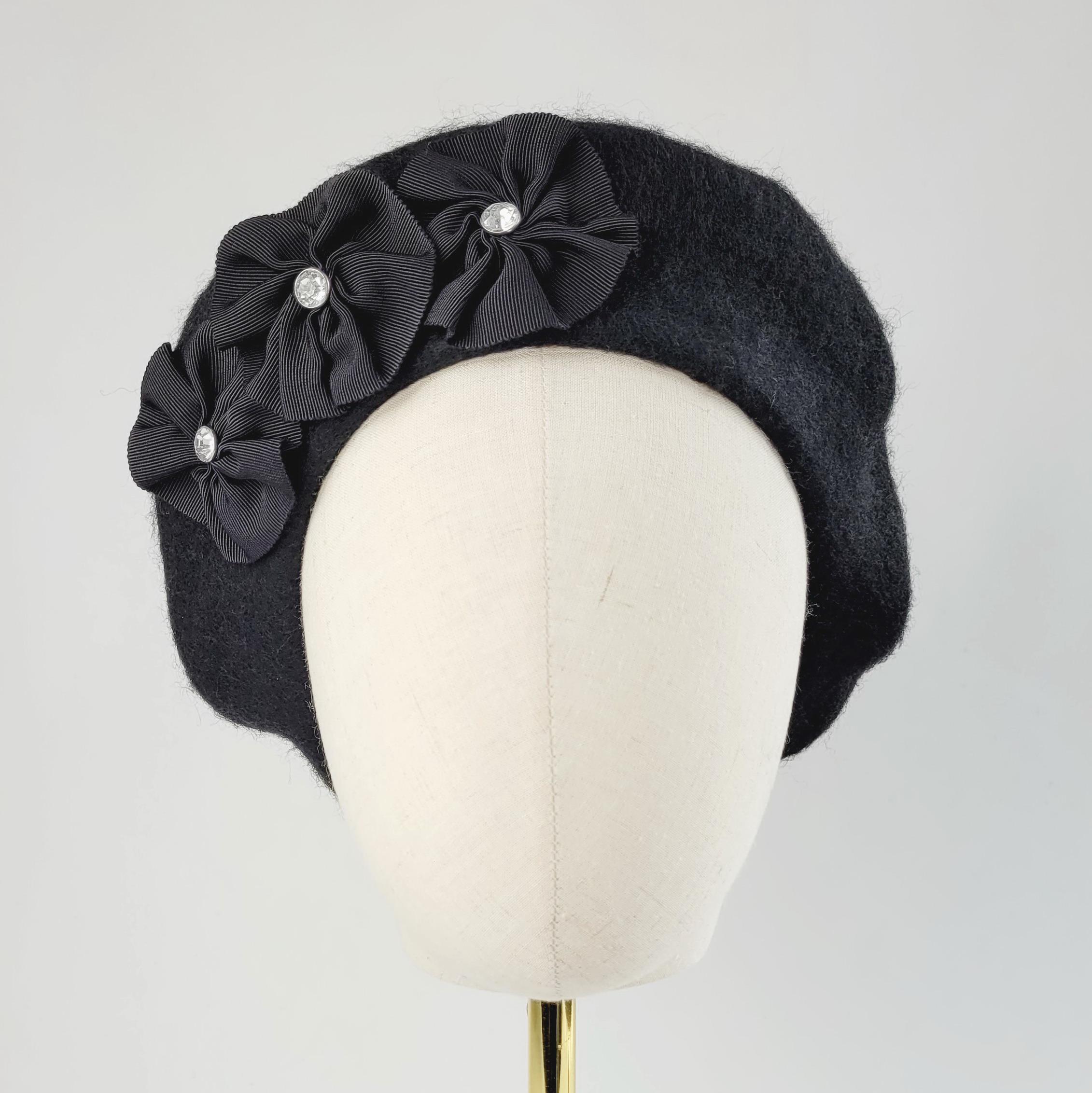 NWT - Black 100% Wool Beret with Crystal Studs Detail Black Wool French Beret Hand Decorated Black Diamond Crystal  main image 3