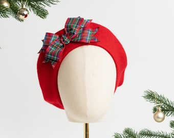 Red Wool Felt Beret Hat with Royal Stewart Tartan Ribbon Bow, Scarlet Red French Beret with Red Tartan Bow, Red Beret with Red Plaid Bow