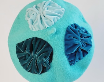Aqua Blue Beret Hat with Large Velvet Leaves