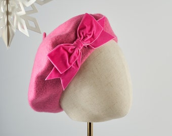 Bubblegum Pink Wool Felt Beret Hat with Pink Velvet Ribbon Bow, Pink French Beret Hat, Pink Women's Winter Hat, Pink Beret with a Bow