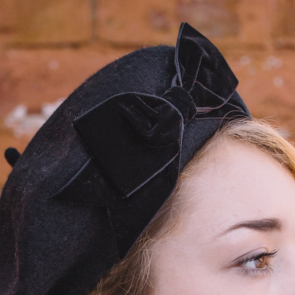 Black Wool Felt Beret Hat With Black Velvet Ribbon Bow, Black