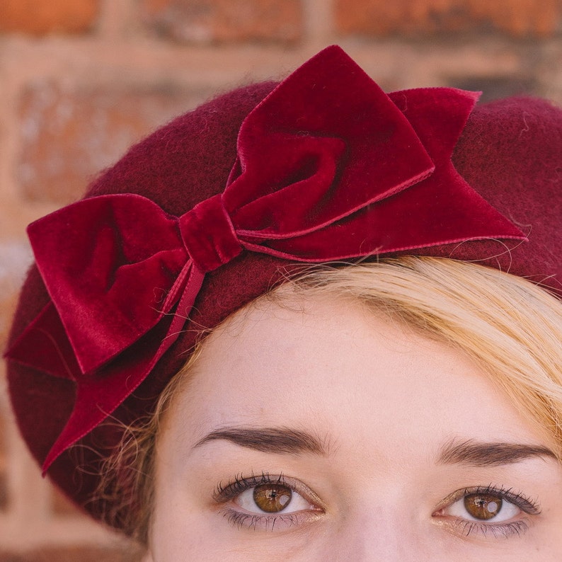 Wine Red Wool Felt Beret Hat With Wine Red Velvet Ribbon Bow Etsy
