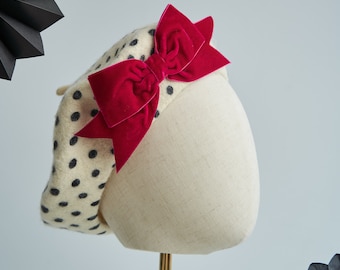 Polka Dot Wool Felt Beret Hat with Dark Pink Velvet Ribbon Bow, Ivory Spotty French Beret Hat, Polka Dot Winter Hat, Beret with a Pink Bow