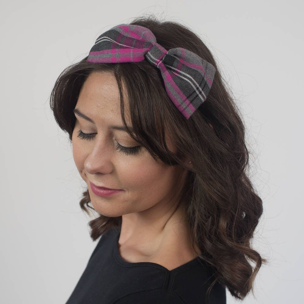 Pink Grey Tartan Bow Headband, Aliceband, Hair