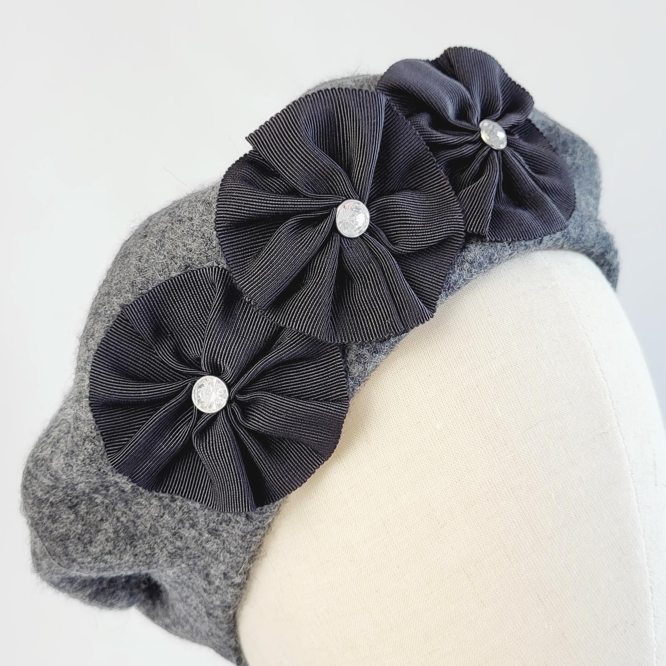 Charcoal Grey Wool Felt Beret Hat With Ribbon Rosettes and 