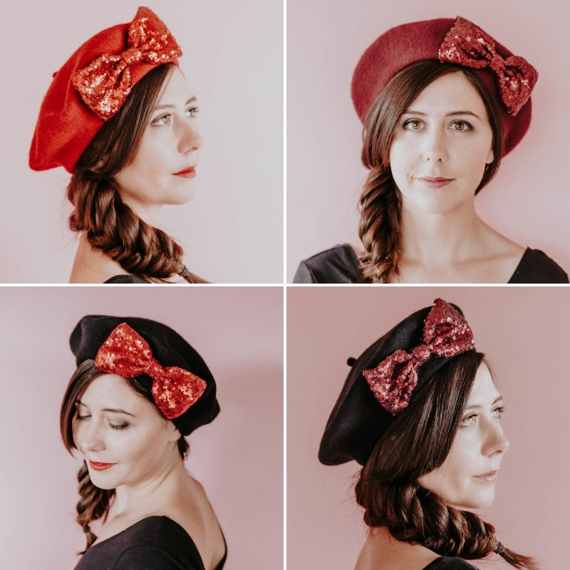 Black Wool Felt Beret Hat With Scarlet Red Sequin Bow, Black  display picture 1