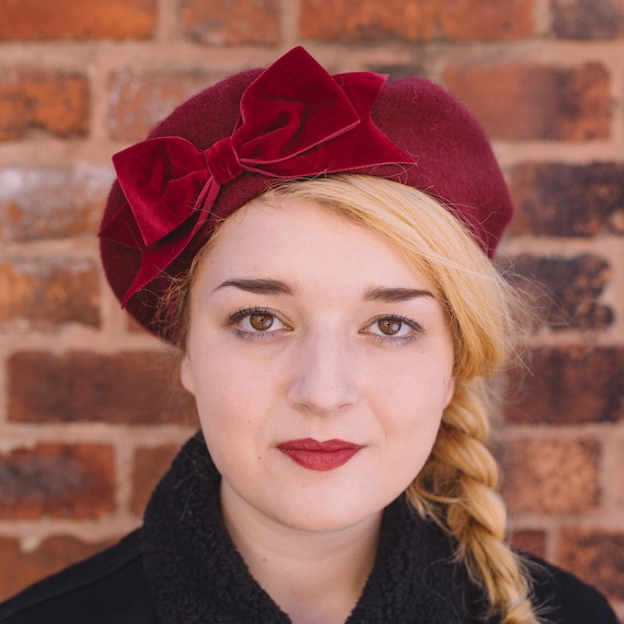 Winter Hat Barrette Hat Wine Red Beret With Wine Red Velvet Ribbon Bow
