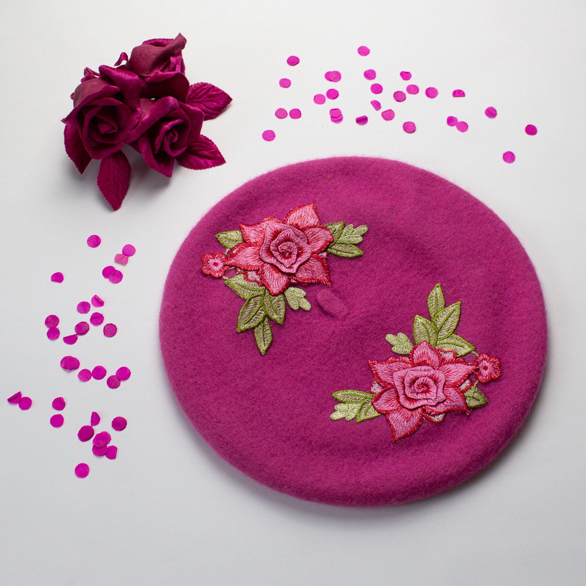 Pink Beret Hat With Embroidery Roses, Wool Felt Hat, French Women’s Winter