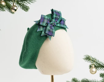 Emerald Green Wool Felt Beret with Mackenzie Tartan Ribbon Bow, Green French Beret with Navy & Green Tartan Bow, Green Beret with Plaid Bow