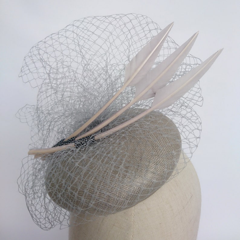 Grey Straw Pill Box Hat with Veiling and Feathers, Grey Cocktail Hat, Grey Race Day Hat, Grey Occasion Hat, Grey Ascot Hat, Grey Wedding Hat image 2