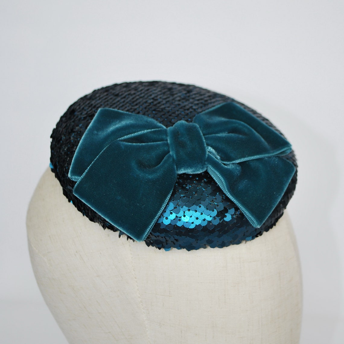 Turquoise Sequin Pillbox Hat With Velvet Ribbon Bow Turquoise Etsy
