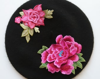 Black Beret Hat with Pink Embroidered Flowers, Black Wool Felt Beret Hat with Pink Flowers, Black French Beret Hat, Women's Black Winter Hat