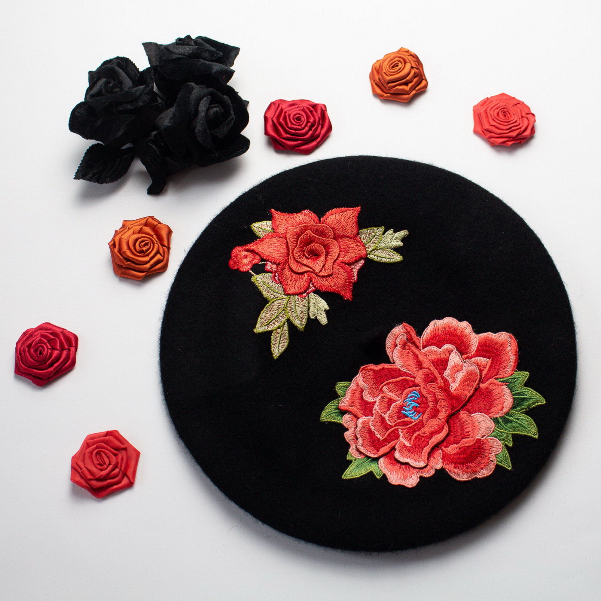 Black Beret Hat With Coral Embroidered Flowers, Wool Felt Hat, French Women’s Winter