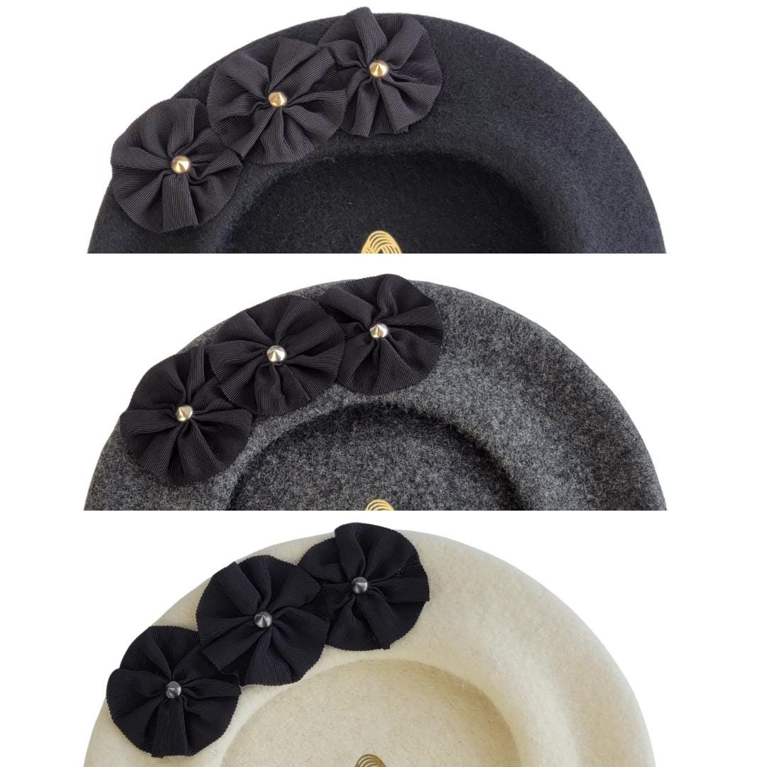 Charcoal Grey Wool Felt Beret Hat With Ribbon Rosettes and  display picture 2