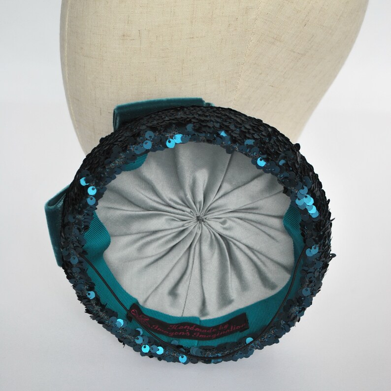 Turquoise Sequin Pillbox Hat With Velvet Ribbon Bow Turquoise Etsy