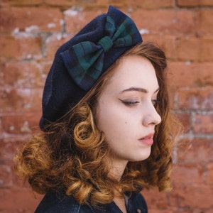 Navy Blue Wool Felt Beret Hat with Navy Green Tartan Bow Blackwatch image 3