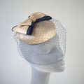 Gold Straw Button Hat with Bow and Navy Birdcage Veiling, Gold Wedding Hat, Gold Cocktail Hat, Gold Race Day Hat, Gold Occasion Hat