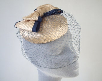 Gold Straw Button Hat with Bow and Navy Birdcage Veiling, Gold Wedding Hat, Gold Cocktail Hat, Gold Race Day Hat, Gold Occasion Hat