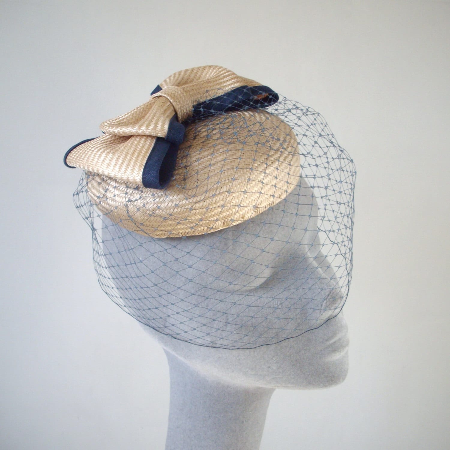 Gold Straw Button Hat With Bow & Navy Birdcage Veiling, Wedding Hat, Cocktail Race Day Occasion