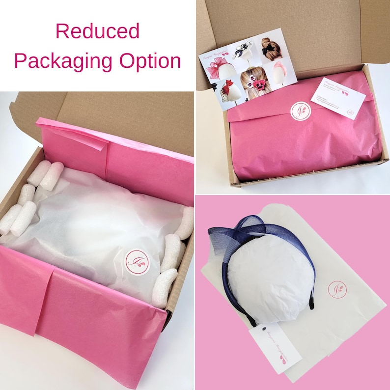 May include: A close-up of a hat in a pink tissue paper-lined box. The hat is a navy blue and white headband with a large bow. The box is labeled "Reduced Packaging Option".