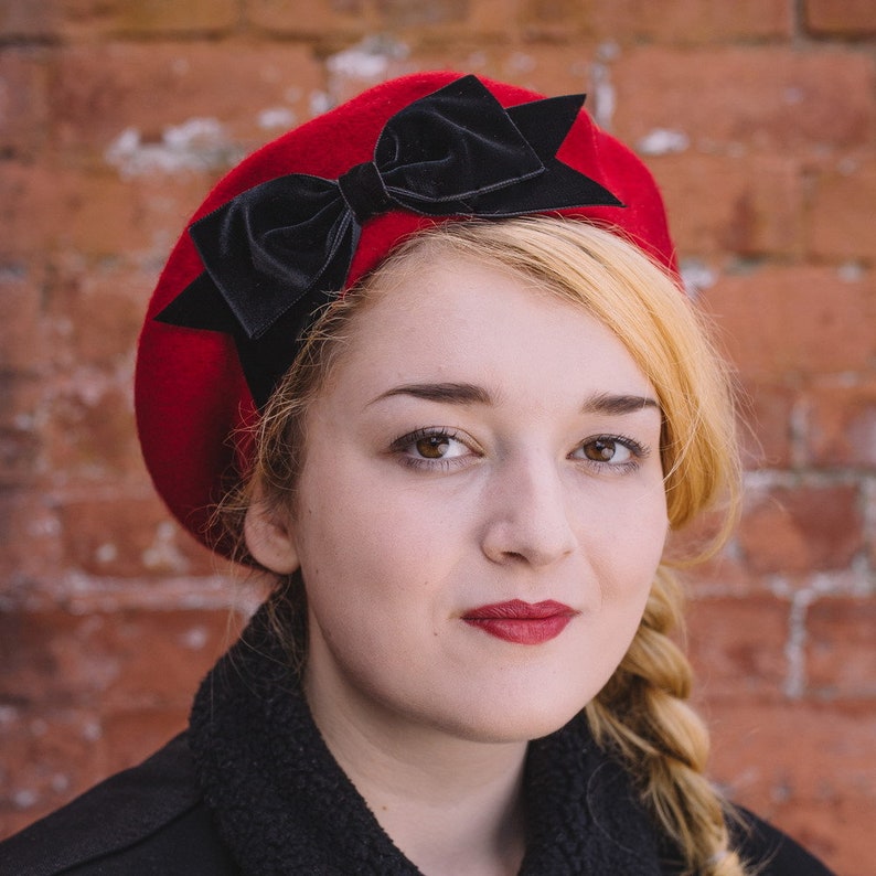 Scarlet Red Wool Felt Beret Hat with Red Velvet Ribbon Bow, Red French Beret Hat, Red Women's Winter Hat, Red Beret with a Bow Black Bow