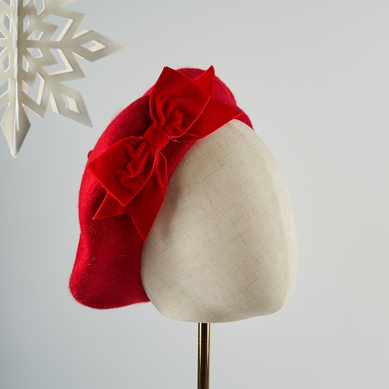 Scarlet Red Wool Felt Beret Hat with Red Velvet Ribbon Bow, Red French Beret Hat, Red Women's Winter Hat, Red Beret with a Bow image 5