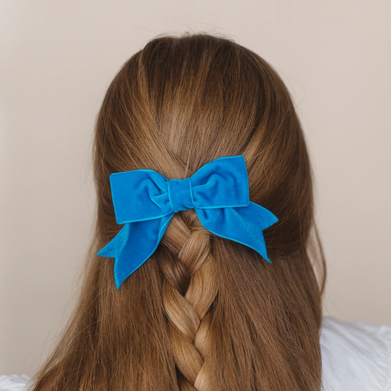 May include: A blue velvet bow hair clip in a person's brown hair.