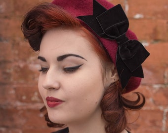 Wine Red Wool Felt Beret Hat with Black Velvet Ribbon Bow, Burgundy Red French Beret Hat, Oxblood Red Winter Hat