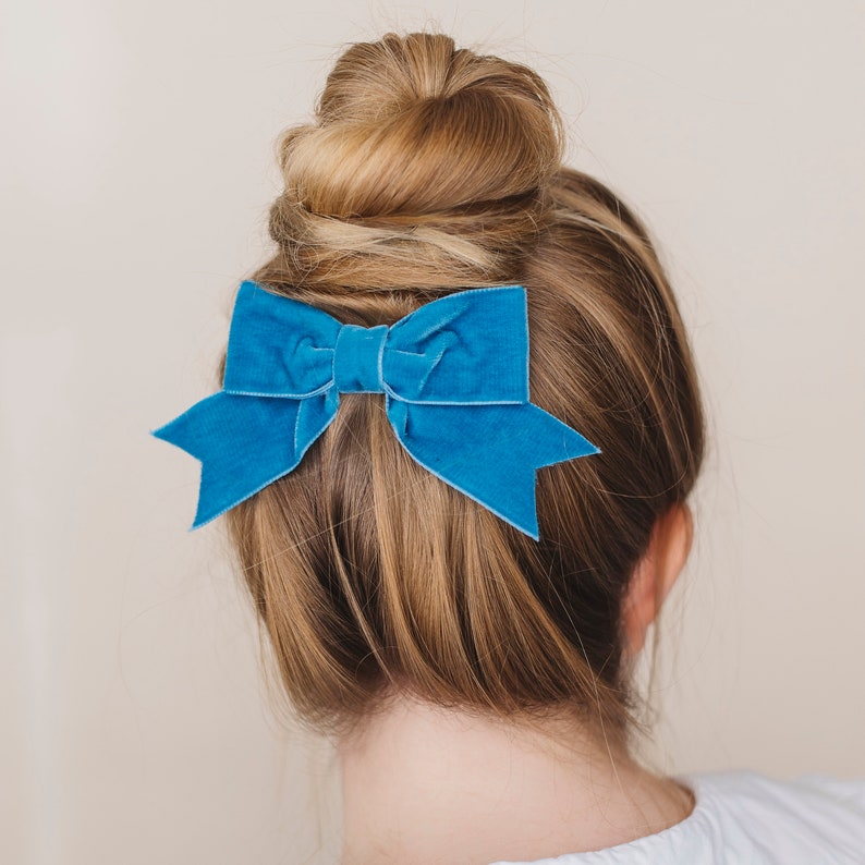 May include: A blue velvet bow tied in a hair bun.