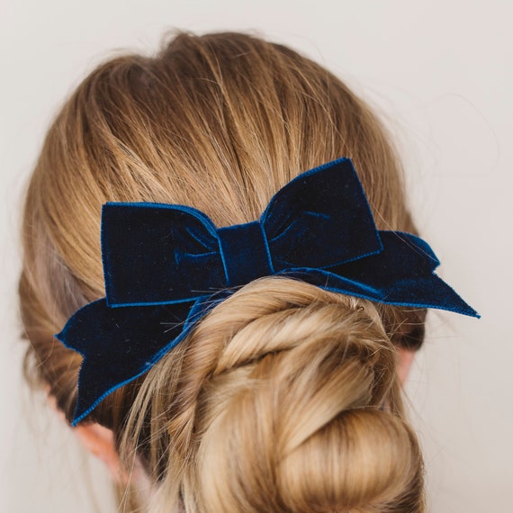 Navy Blue Velvet Ribbon Bow Hair Clip, Classic Navy Blue Velvet