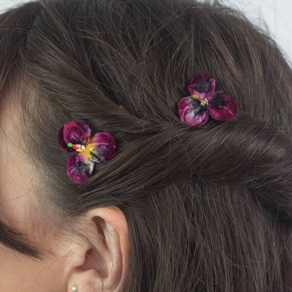 Purple Flower Hair Clips Dark Purple Flower Bobby Pins Dark Etsy