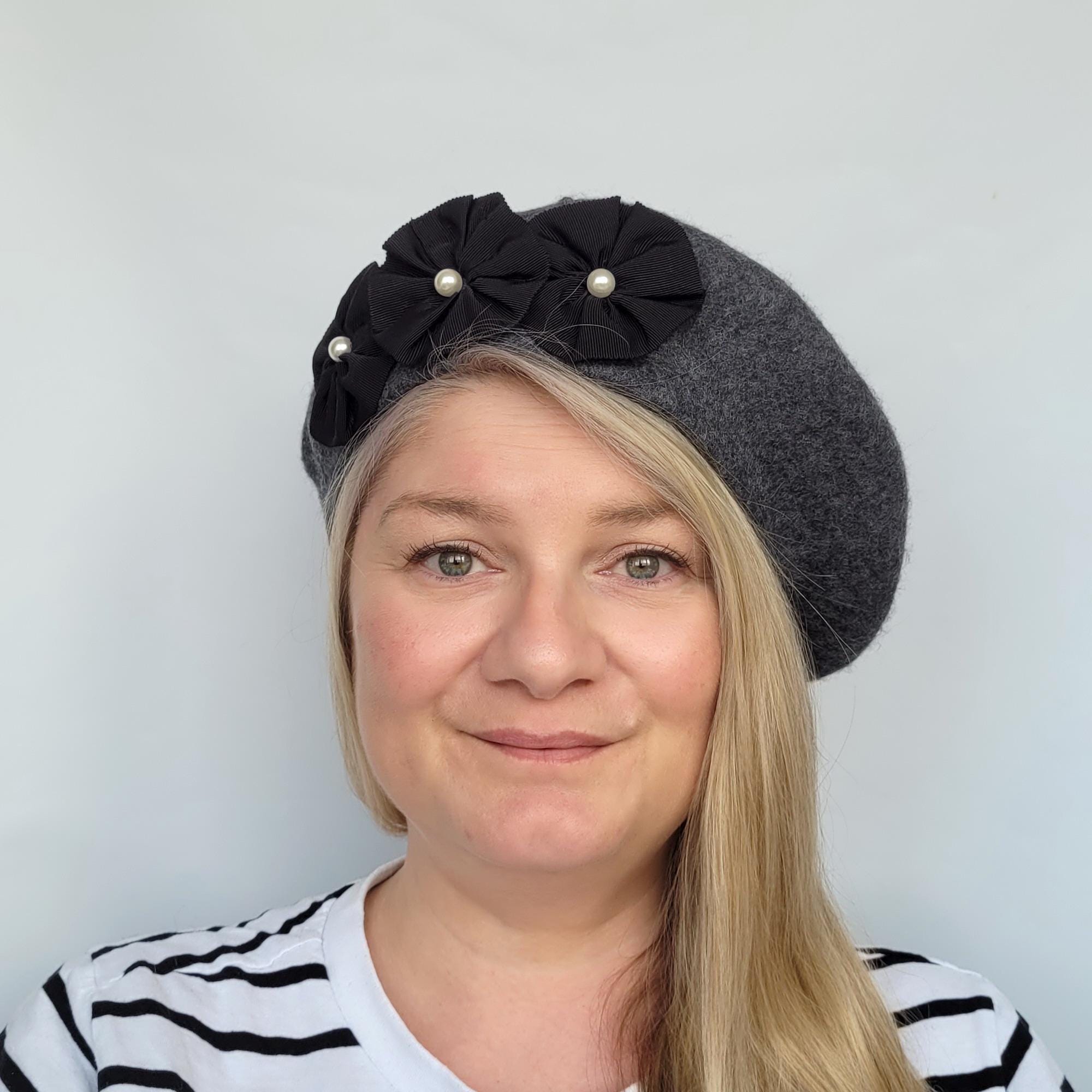 Charcoal Wool Beret with Script Ribbon Charcoal Grey Wool Felt Beret Hat With Ribbon Rosettes and  main image 2
