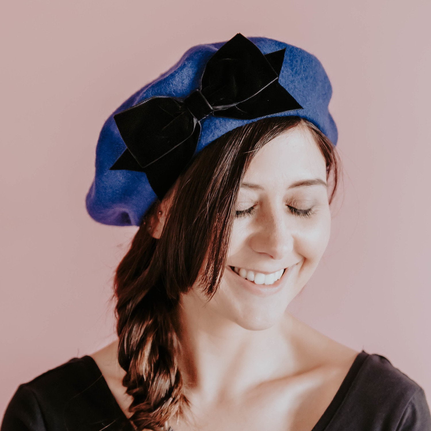 Royal Blue Wool Felt Beret Hat with Black Velvet Ribbon Bow Etsy