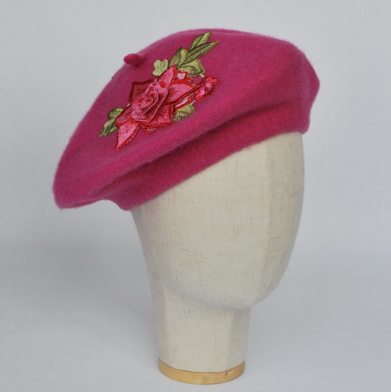 Pink Beret Hat With Pink Embroidery Roses Pink Wool Felt Etsy