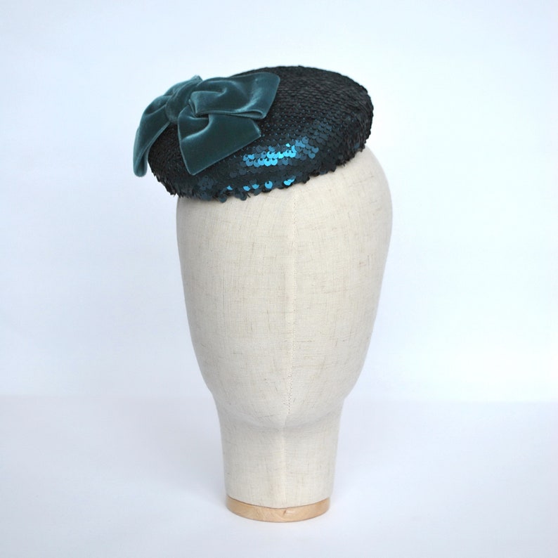 Turquoise Sequin Pillbox Hat With Velvet Ribbon Bow Turquoise Etsy
