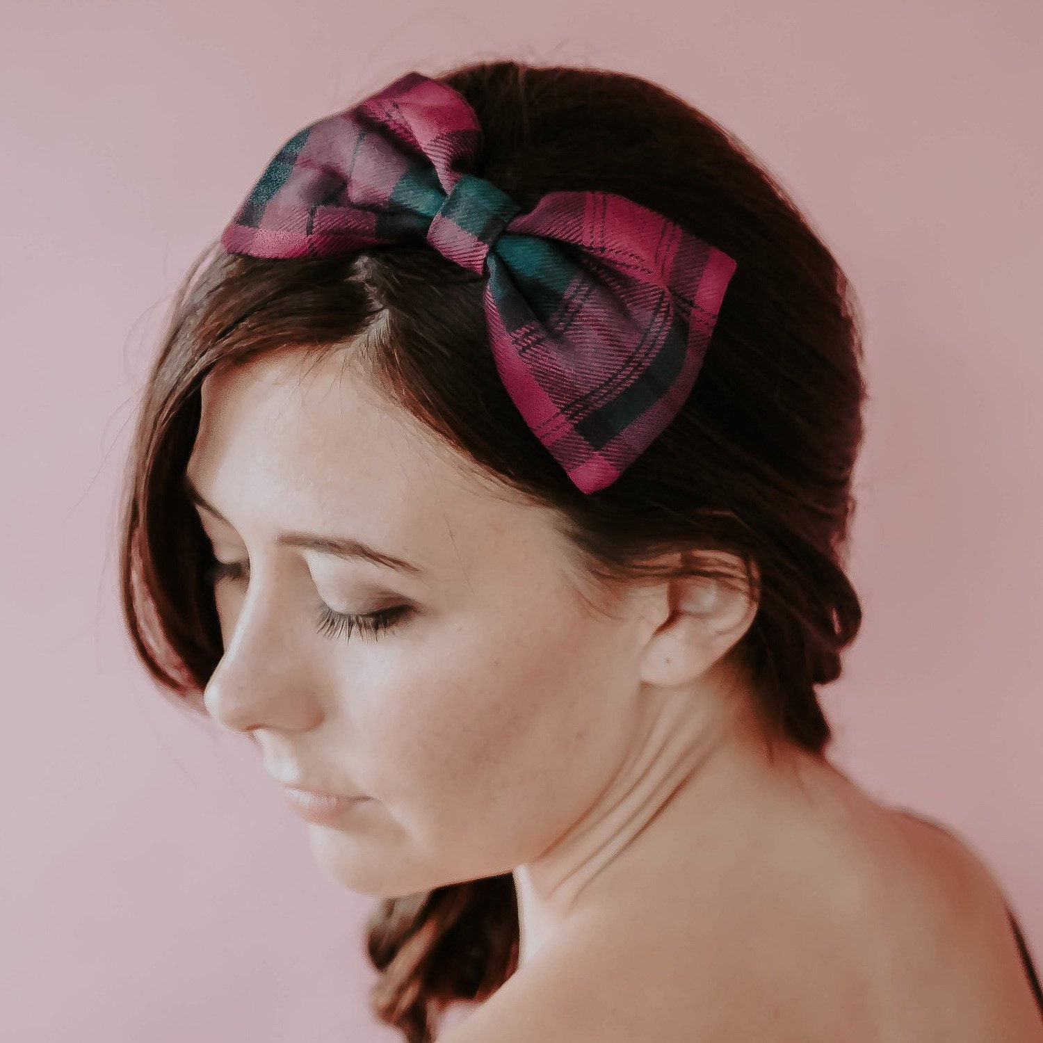 Magenta Green Tartan Bow Headband, Purple Plaid Aliceband, Hair