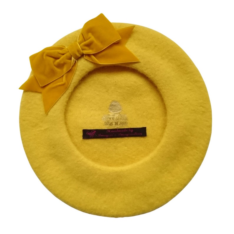Mustard Wool Felt Beret Hat With a Mustard Velvet Ribbon Bow Etsy