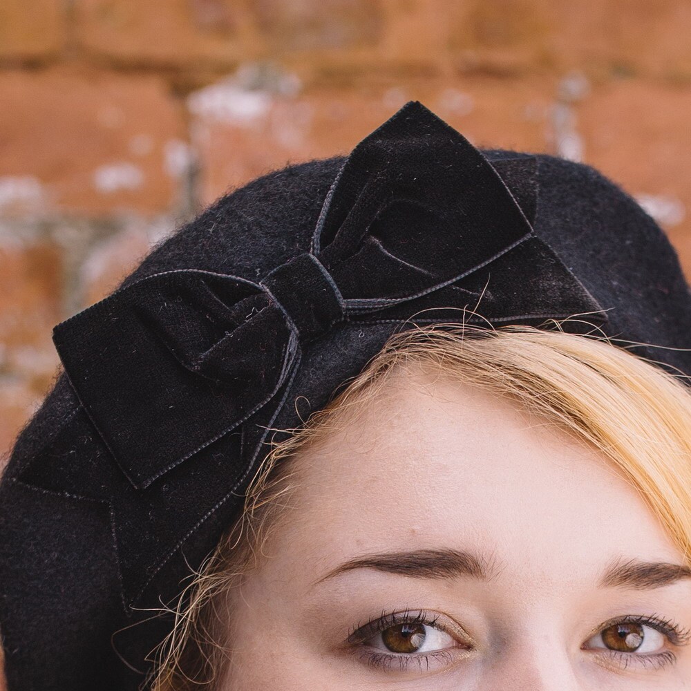 Black Wool Felt Beret Hat With Black Velvet Ribbon Bow, Black Black Wool Felt Beret Hat With Black Velvet Ribbon Bow, Black