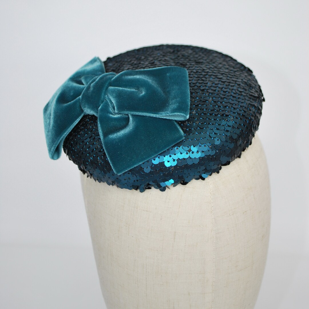 Turquoise Sequin Pillbox Hat With Velvet Ribbon Bow, Turquoise Race Day