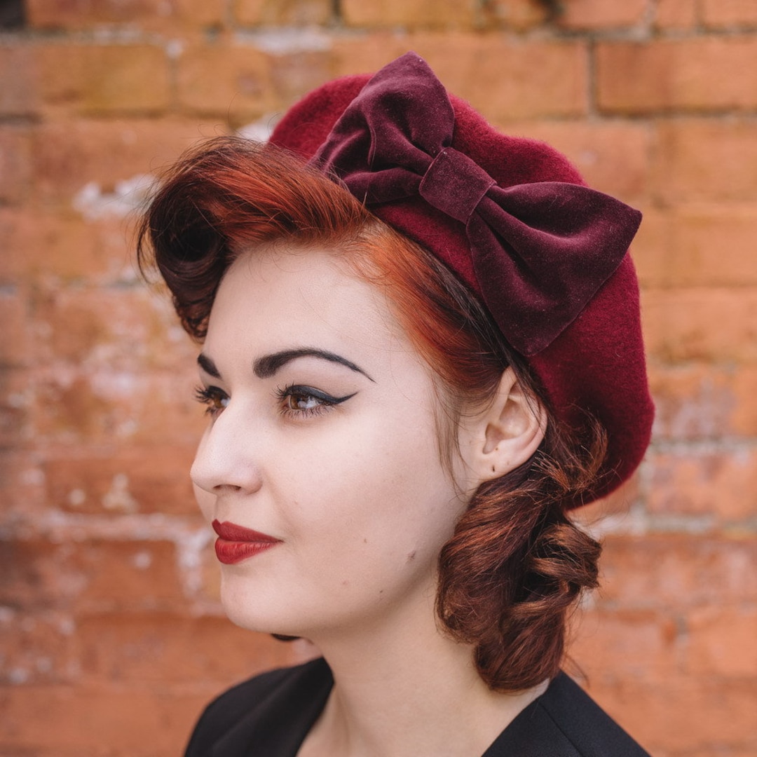 Wine Red Beret Hat With Wine Red Velvet Bow, Burgundy Red Wool Felt ...