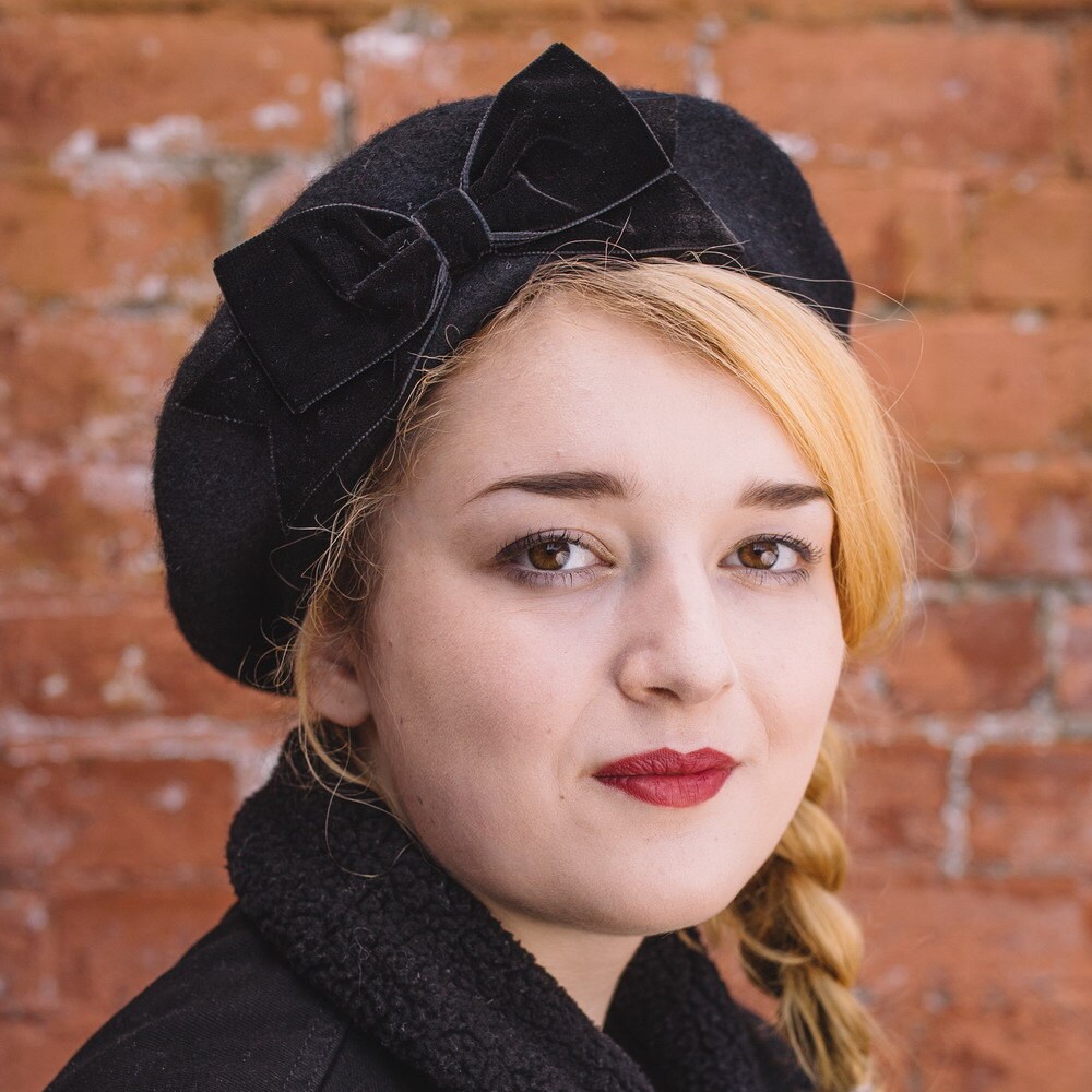 Black Wool Felt Beret Hat With Black Velvet Ribbon Bow, Black